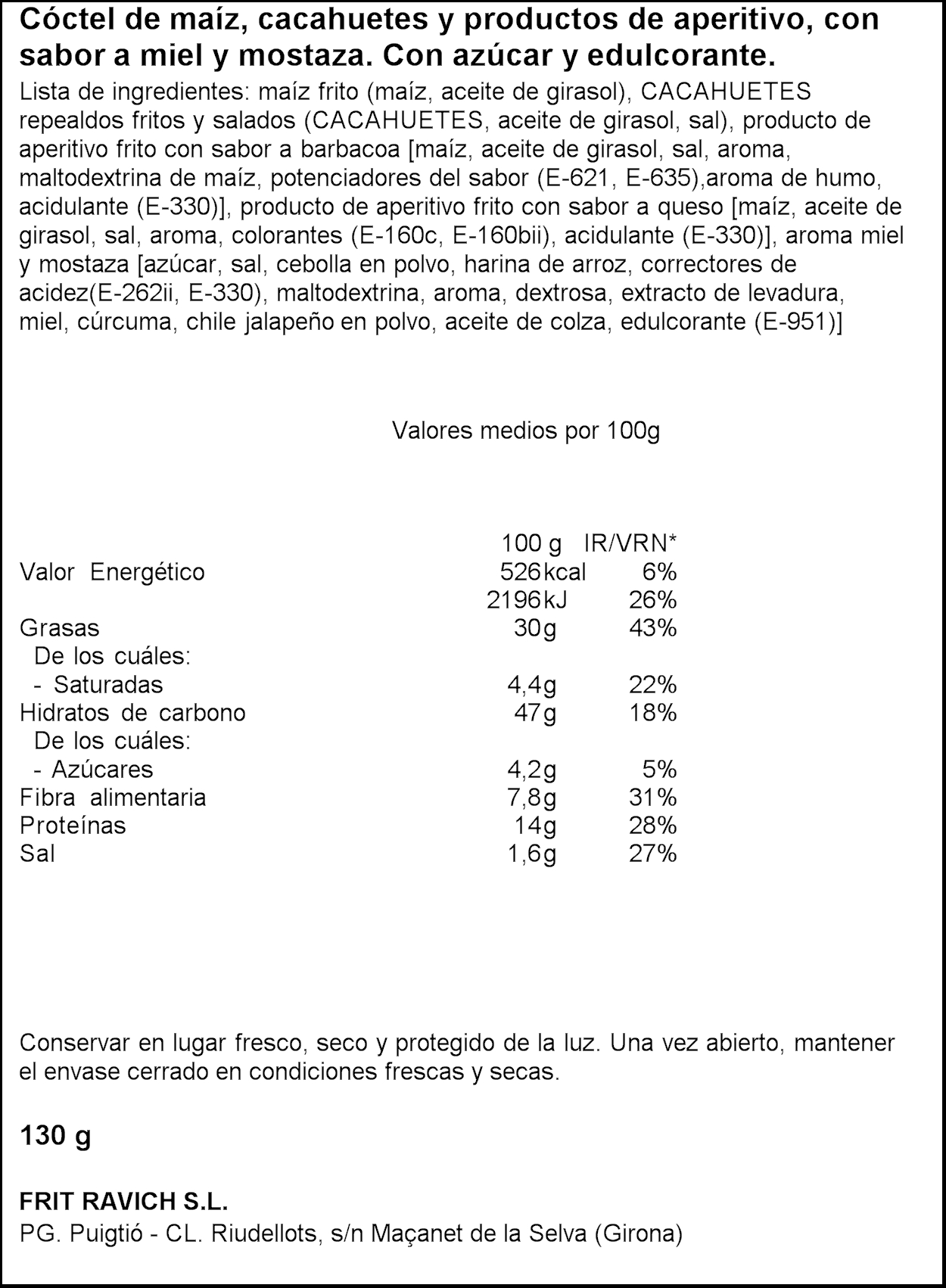 Cocteleo miel y mostaza Frit Ravich 10 Bolsas de 130 gr. 8410564012081