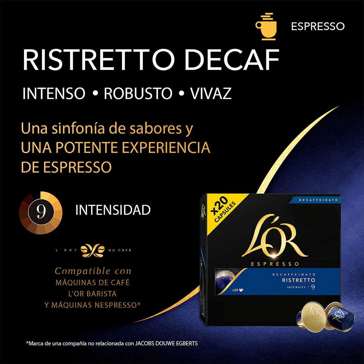 L'OR ESPRESSO Café descafeinado Ristretto intensidad 40 cápsulas compatibles con máquinas Nespresso