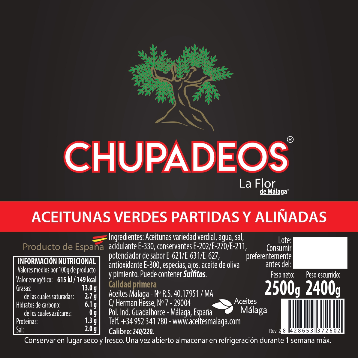 CHUPADEOS LA FLOR DE MÁLAGA- Aceitunas Verdes partidas y Aliñadas- Bote PET 2500 g LA FLOR DE MALAGA