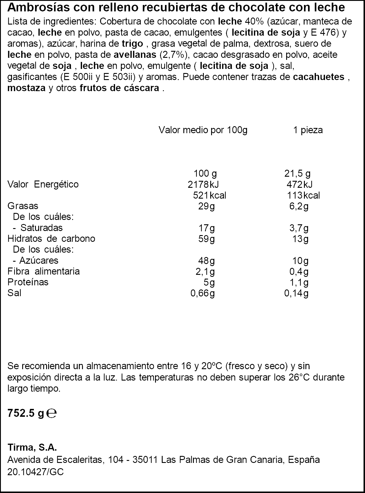 Ambrosia de avellana Tirma caja 35 unidades. 8410085422406