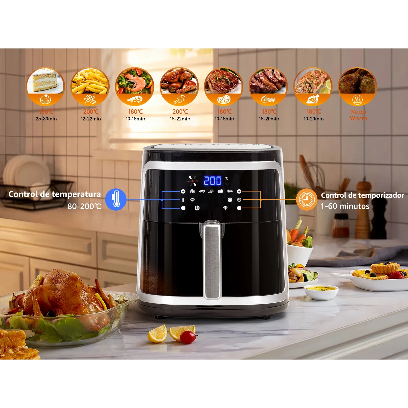 Friggitrice ad aria senza olio AIGOSTAR 7L,1900W, Smart. Connessione Wi-Fi. Touch screen LED, 7 funzioni preimpostate + modalità mantenimento caldo e manuale, senza BPA