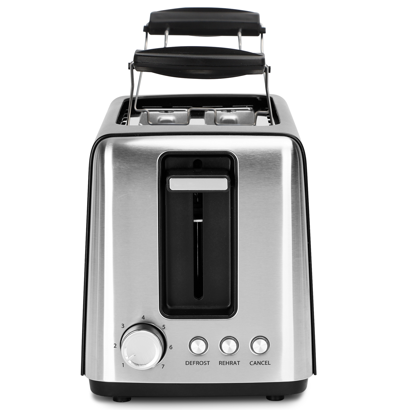 AIGOSTAR Tostadora, 3 Funciones, 2 Ranuras Extra Anchas y Rejilla Calentadora de Acero Inoxidable, 7 Ajustes, Bandeja Recogemigas Desmontable,Descongelación y Recalentar, Apagado Auto.(750W)