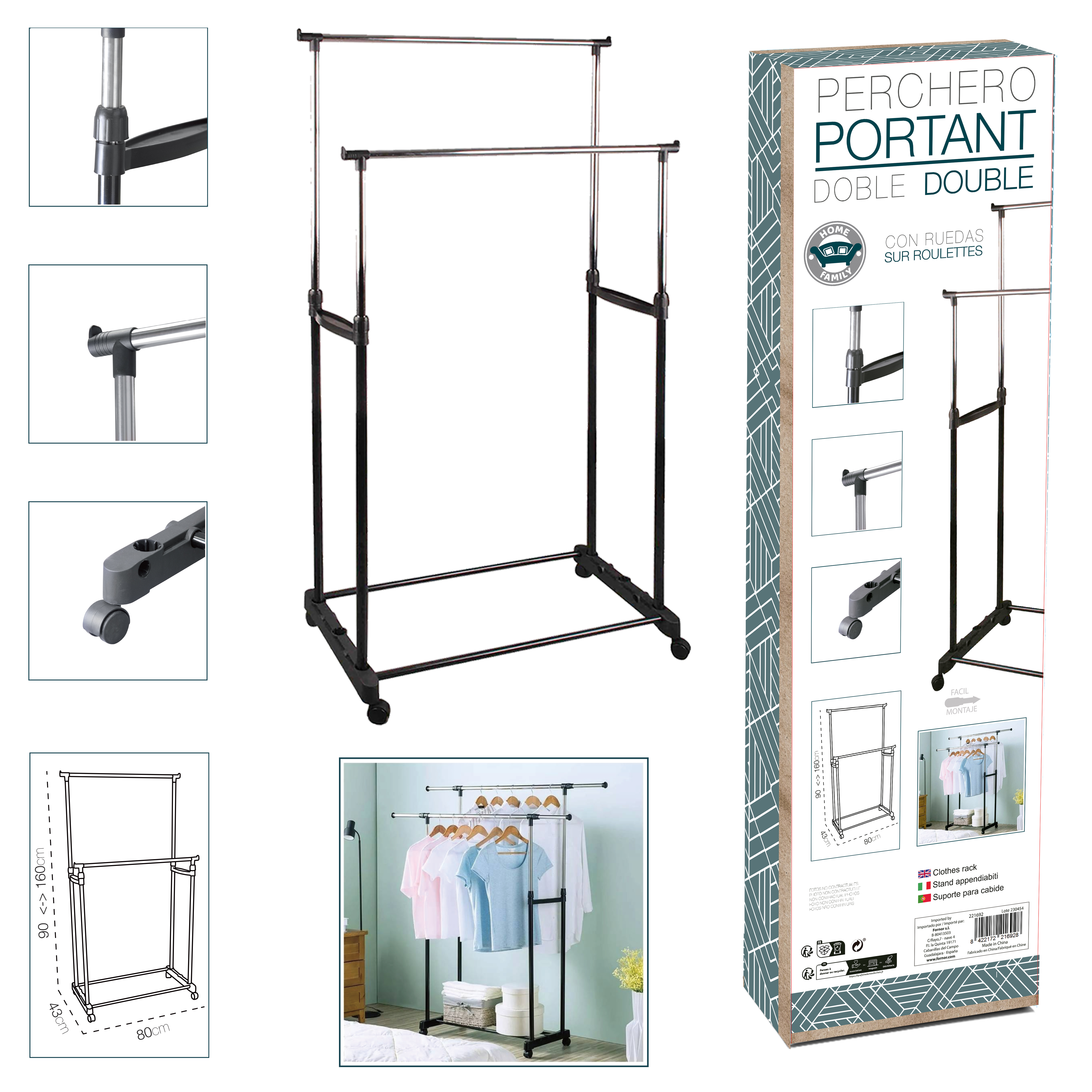 Perchero de Pie con Ruedas, Acero Inoxidable, DOBLE 80x43x90 a 160 cm, Perchero de Ropa Burro, Estructura Metalica Extensible, Organizador de Perchas y Ropa