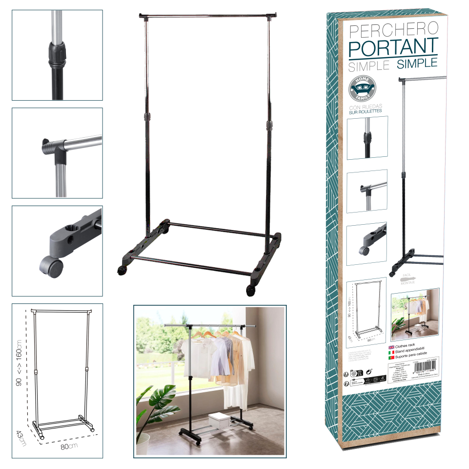 Perchero de Pie con Ruedas, Acero Inoxidable, DOBLE 80x43x90 a 160 cm, Perchero de Ropa Burro, Estructura Metalica Extensible, Organizador de Perchas y Ropa