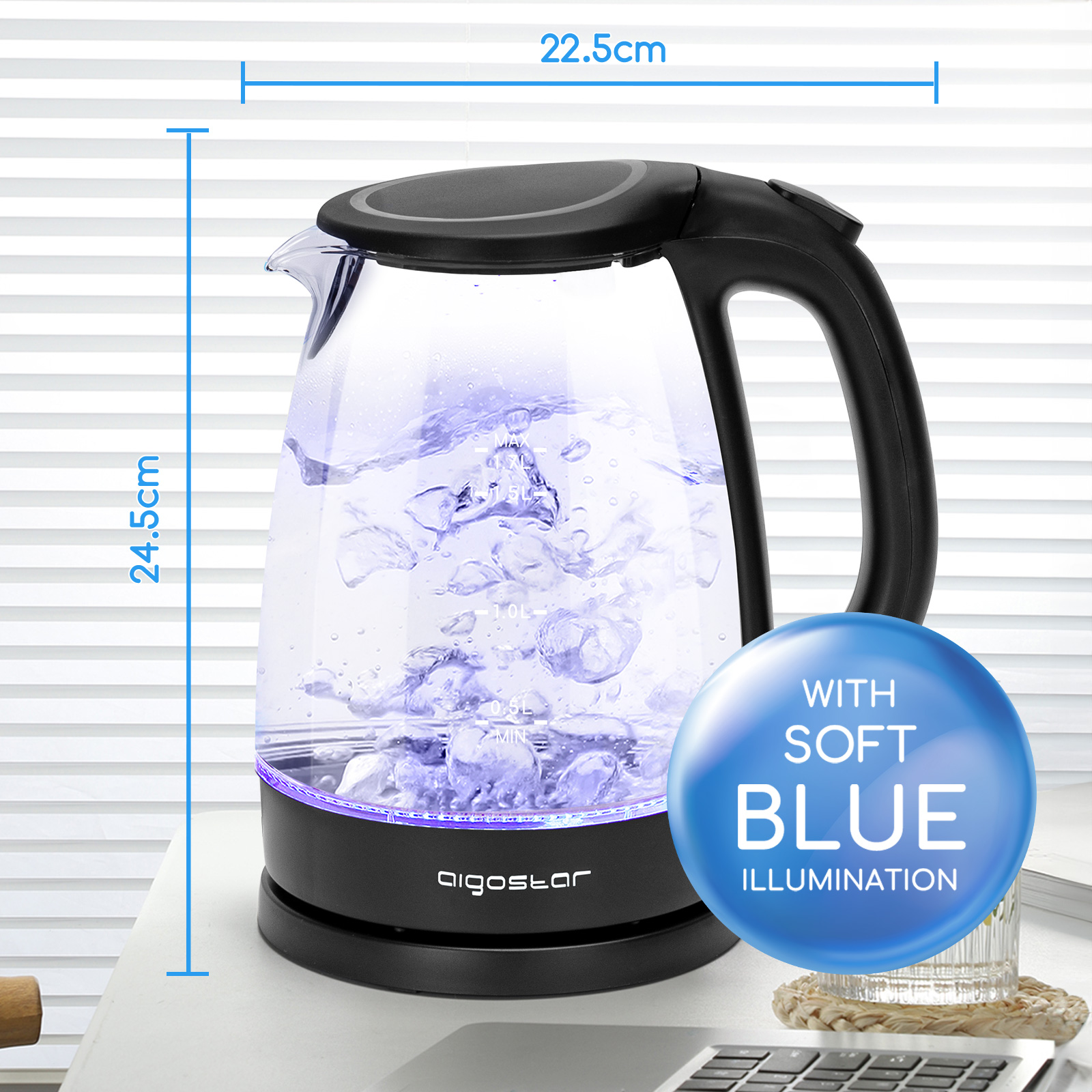 AIGOSTAR Hervidor de Agua Eléctrico de Cristal, con Iluminación Led  (1.7 L, 2200W)