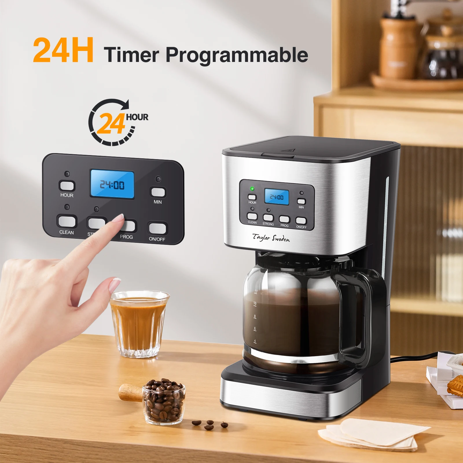 Caffettiera a goccia Taylor Swoden con timer programmabile, 950 W, 1,5 L (12 tazze), schermo LCD, filtro riutilizzabile, spegnimento automatico, funzione di mantenimento in caldo. Funzione di pulizia automatica (scrittura)