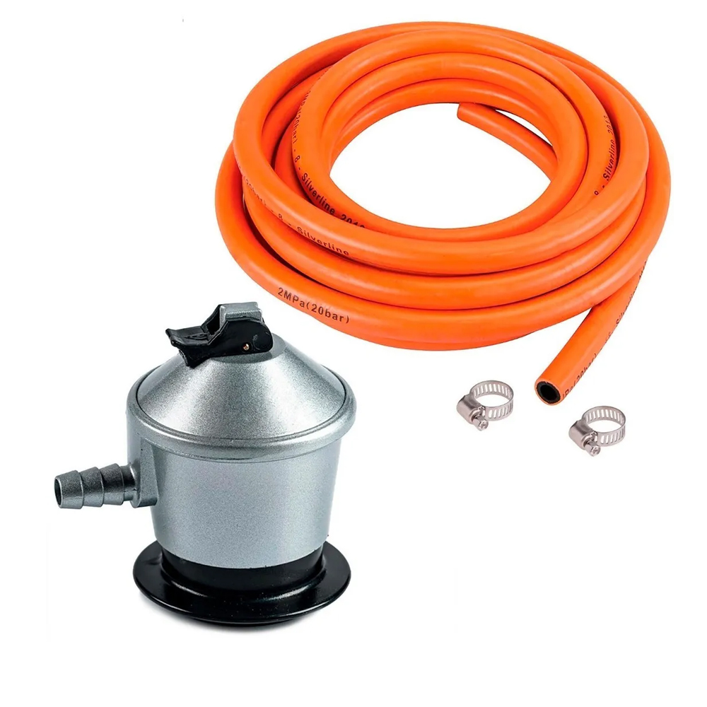 Cabeça de Butano 50 mbar, Kit Regulador de Gás Butano com Válvula de Segurança 29 mbar, Mangueira de Butano de 1,5m com 2 Agrafos, Conjuntos Completos ou Peças Soltas, Universal