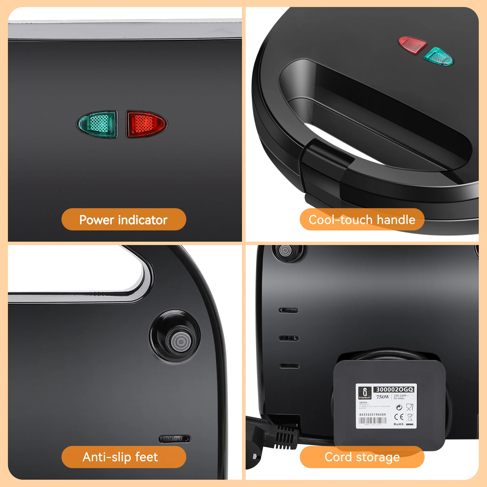 AIGOSTAR Sandwichera 3 en 1, Grill y Gofrera. 3 Placas Desmontables Antiadherentes e Intercambiables. ( 750W )