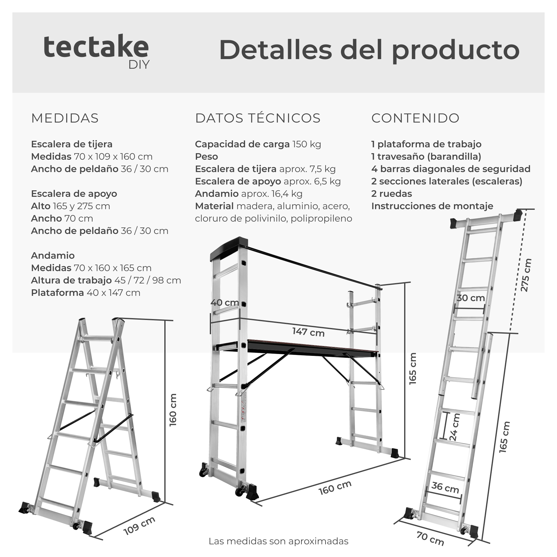 Tectake - Escada multiusos em alumínio Escada 4 em 1: escada simples, escada de tesoura, andaime simples e andaime para desníveis Grande plataforma de trabalho, aprox. 147 x 40 cm Com duas rodas, a posição muda facilmente