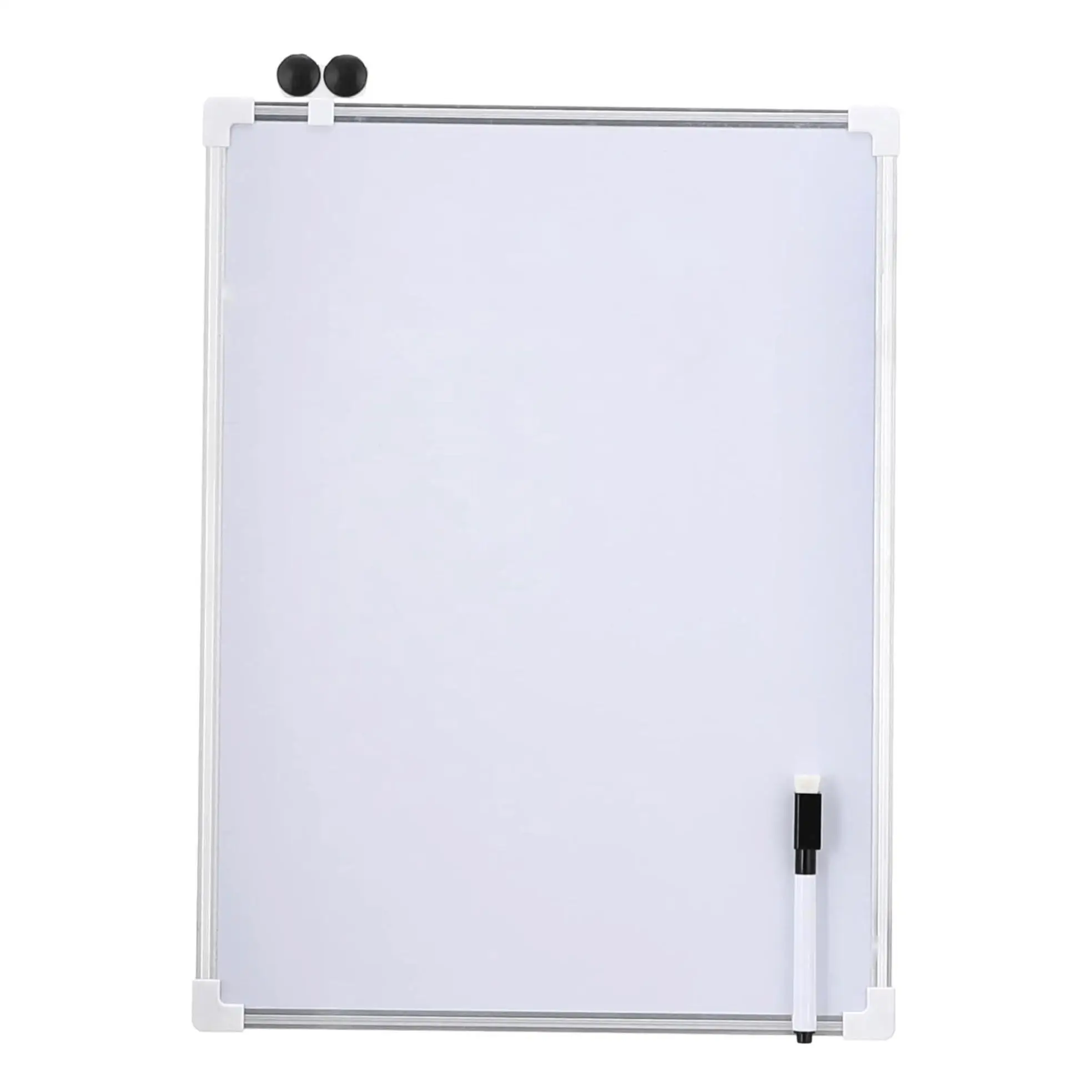 Pack de 2 unidades de quadros magnéticos frente e verso, um para marcadores e outro para giz. Inclui dois ímanes e um marcador apagável a seco. Design moderno com moldura em alumínio prateado, utilizado com frequência e fácil de limpar
