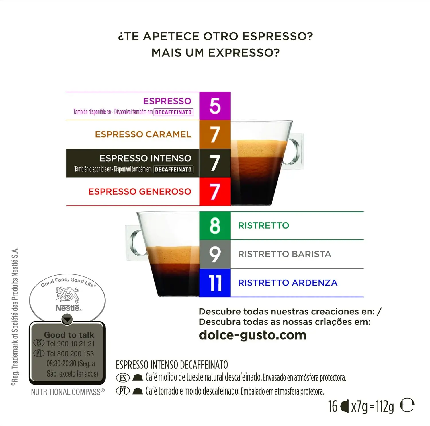Nescafé DOLCE GUSTO Café ESPRESSO INTENSO DESCAFEINADO - Pack de 6 x 16 cápsulas - Total: 96 Cápsulas