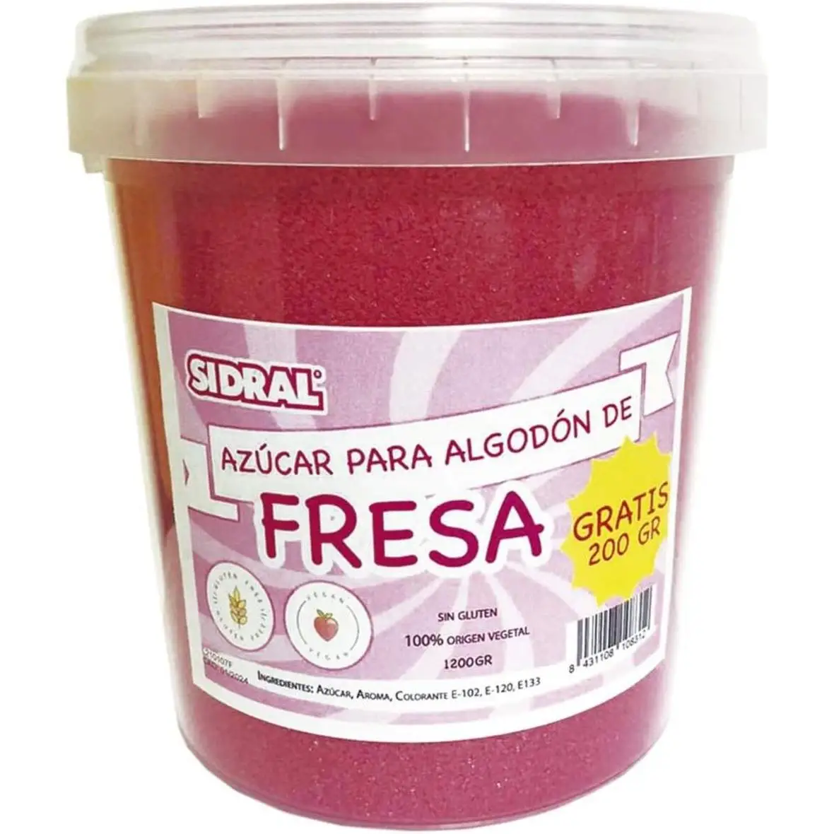 SIDRAL Fresa | Algodón de Azúcar 1200 gr (200gr. GRATIS)