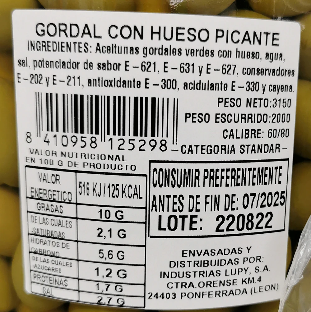 ACEITUNAS GORDAL PICANTES  LUPY. CAJA DE 8 TARROS DE 200 GR. CALIDAD EXCEPCIONAL
