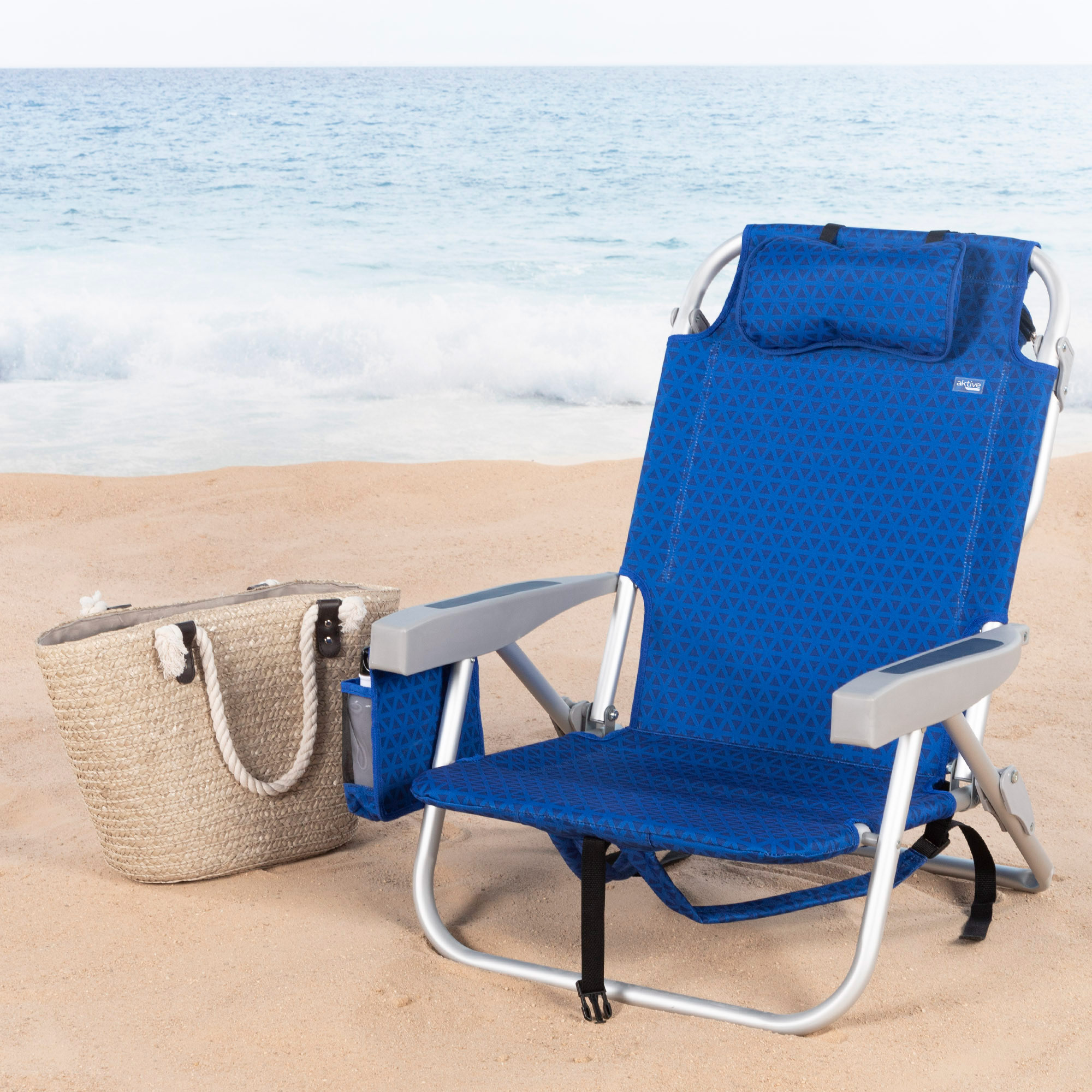 Cadeira de praia dobrável Aktive, cor azul, 50x53x78 cm, assento XXL, 5 posições, Almofada acolchoada, bolsa térmica, bolsos, Handhandle e mochila, peso máximo suportado 110 kg reclinável praia cadeira poliéster tecido