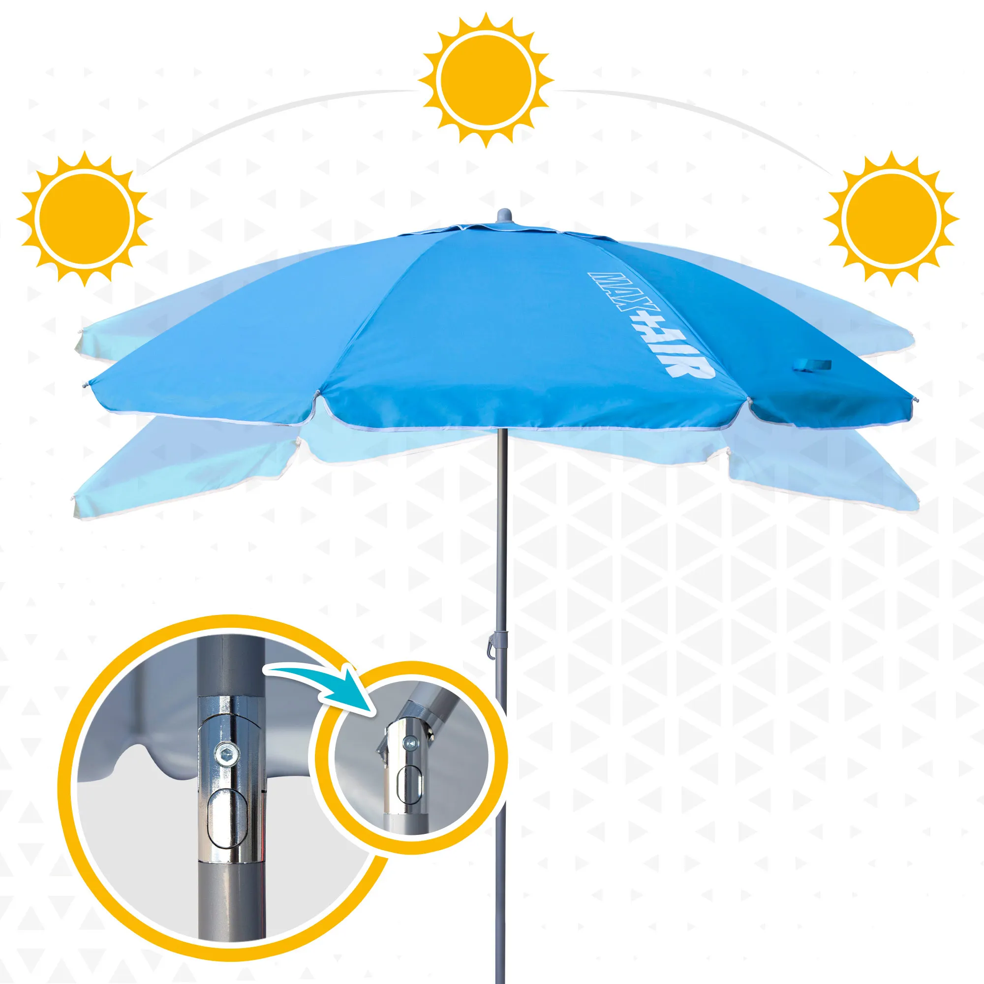 Guarda-chuva Aktive SINK BEACH 180 cm, 200 cm ou 220 cm, Max Air, azul, formato octogonal, poliéster com proteção UV50 e forro prateado, 8 hastes de fibra de vidro, ø28/32mm Tilt Mast, inclui capa com alça, ventilação superior