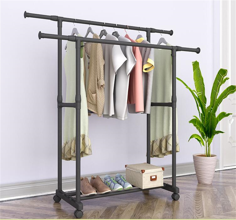 Cabide de moda simples, suporte de cabide reforçado, elevador telescópico móvel, mobiliário doméstico, cabide de moda simples, haste dupla ajustável com bolsa de roda, cachecol, boné