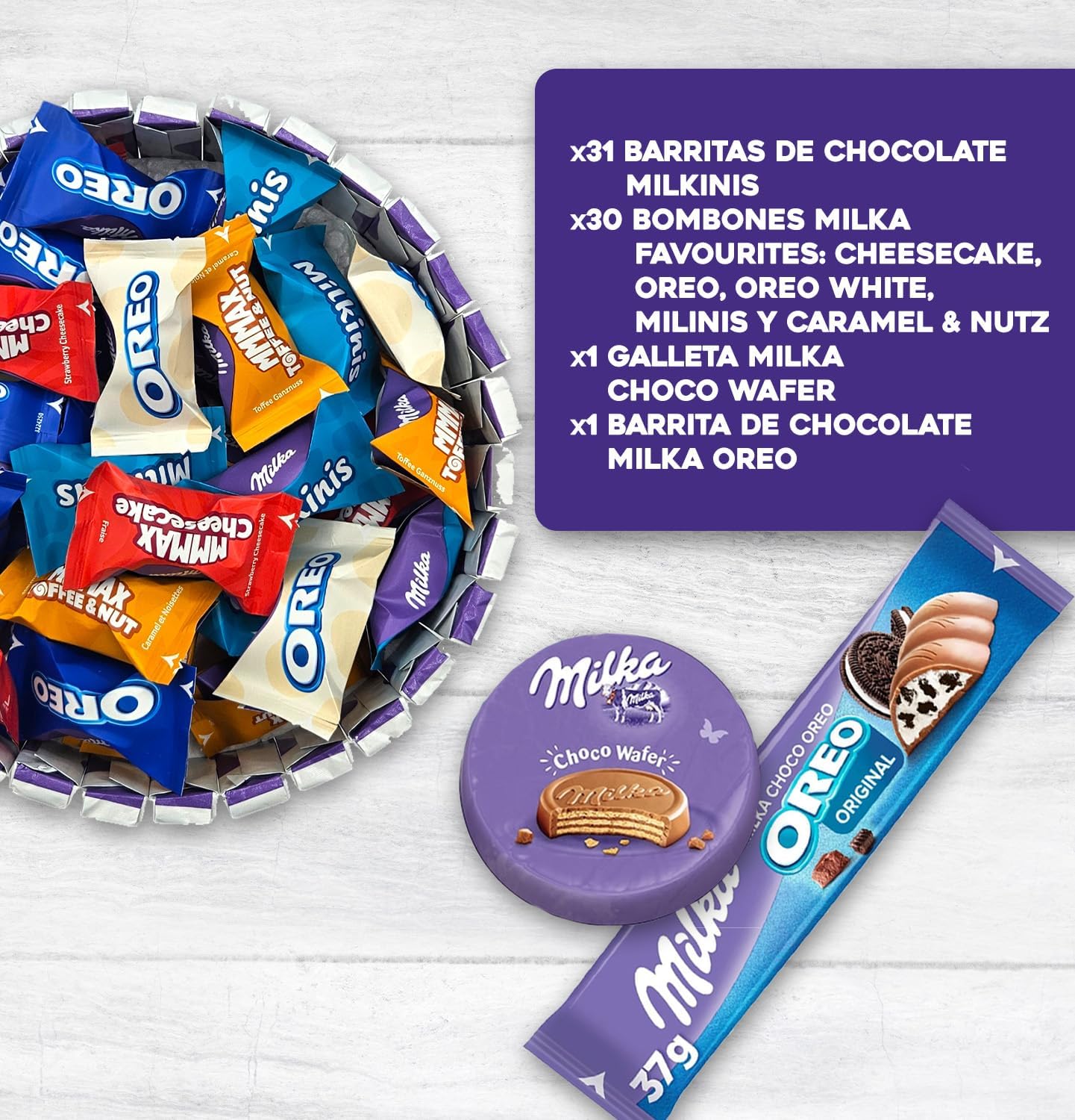Tarta de Chocolate Milka + Wafer Milka + Barrita Choco Oreo - Regalo Original. + de 60 Chocolates Milka - Tarta de 20 cms [IAMI]