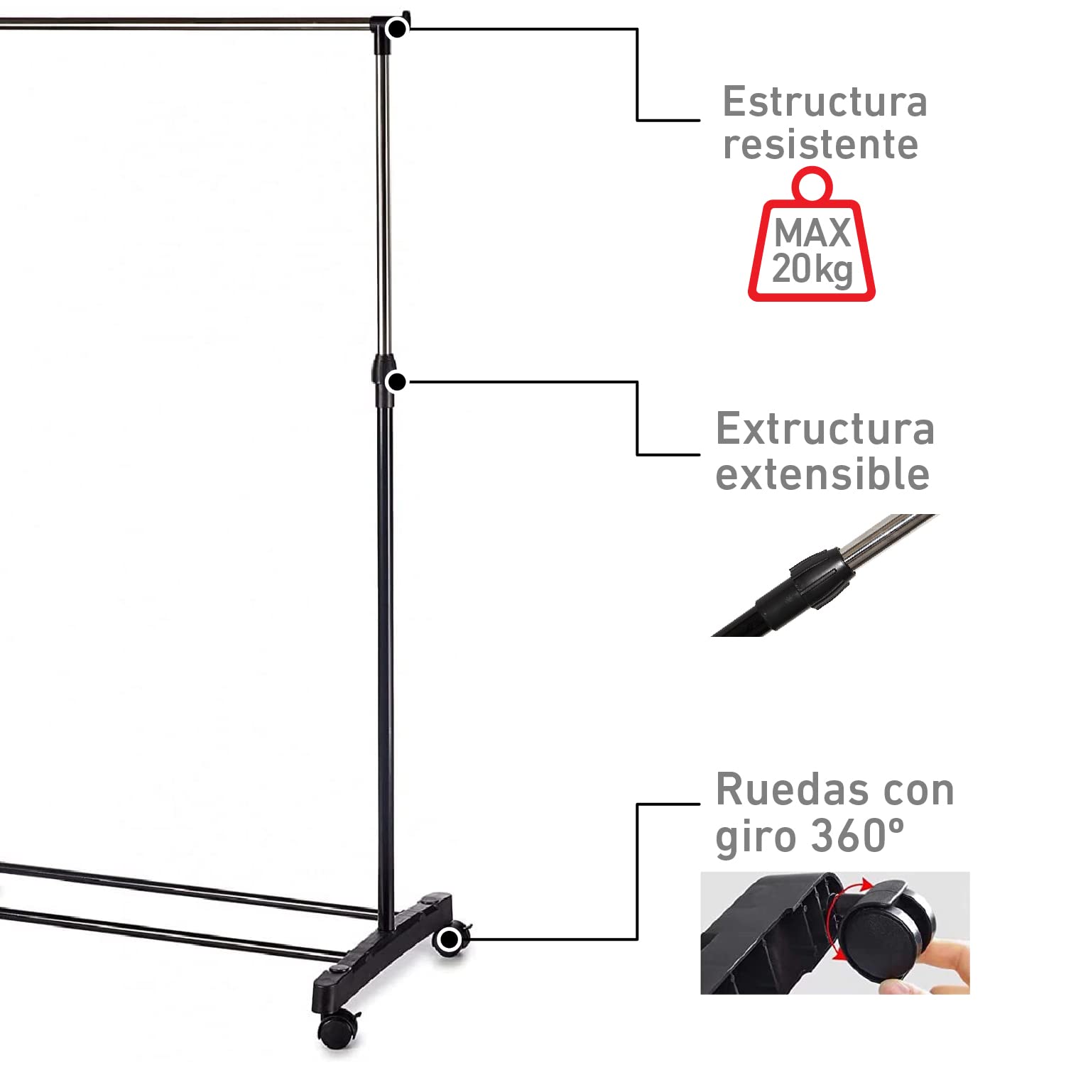 Perchero de Pie con Ruedas, Acero Inoxidable, DOBLE 80x43x90 a 160 cm, Perchero de Ropa Burro, Estructura Metalica Extensible, Organizador de Perchas y Ropa