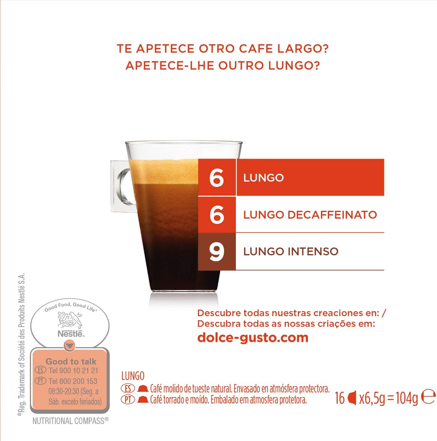 Nescafé Dolce Gusto LUNGO, Pack de 3 x 16 Cápsulas - Total: 48 Cápsulas de Café lungo, alarga tu momento de placer.