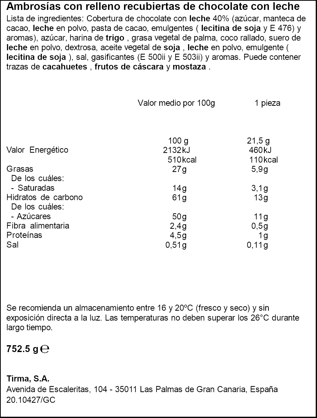 Ambrosia Chocolate con leche Tirma, caja 35 unidades. 8410085420105