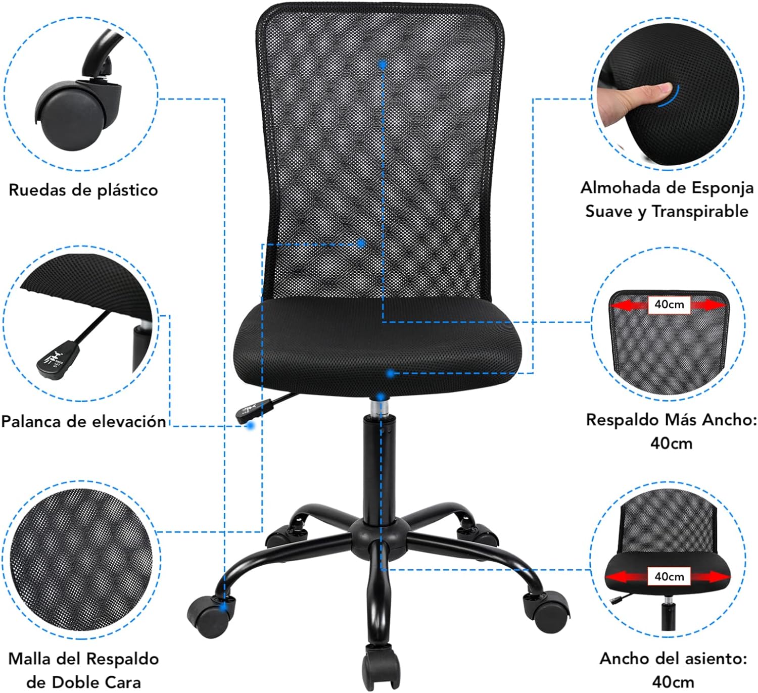 T-Lovendo Silla de Oficina Ergonómica Sin Reposabrazos Tela Transpirable