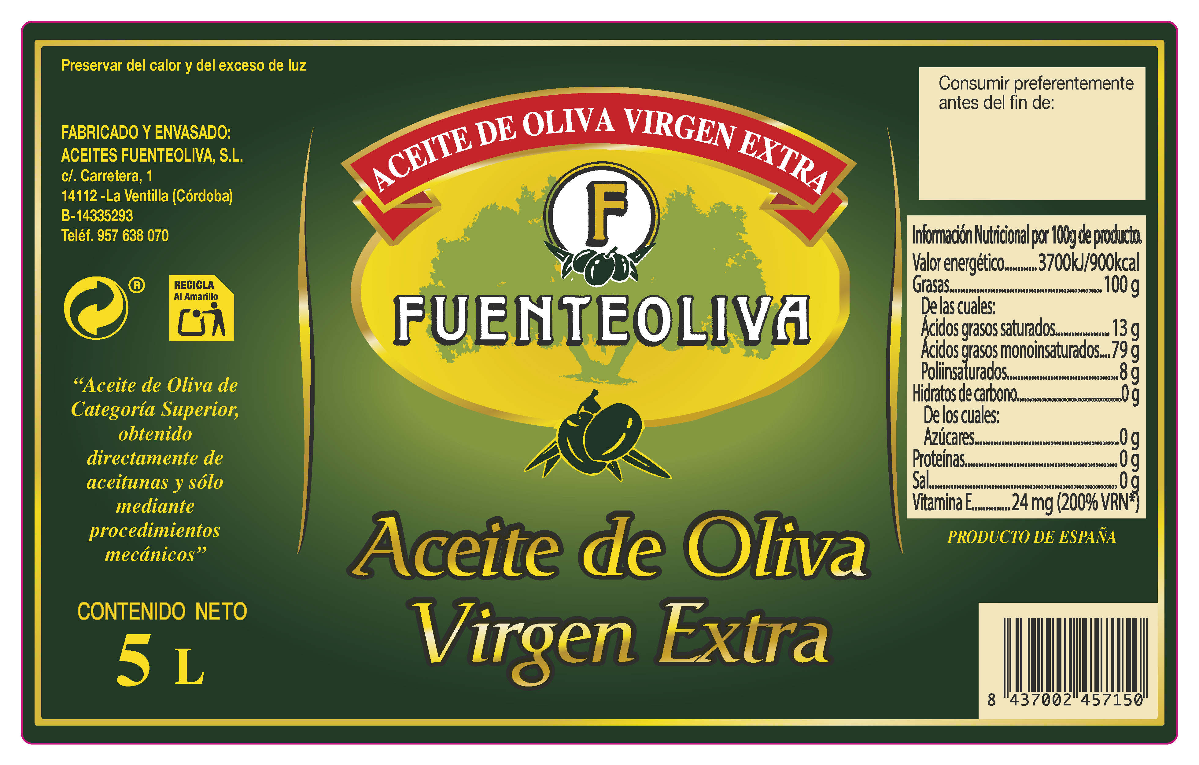 Pack de 4 botellas de Aceite de Oliva Virgen Extra 5 litros Fuenteoliva cosecha 24/25