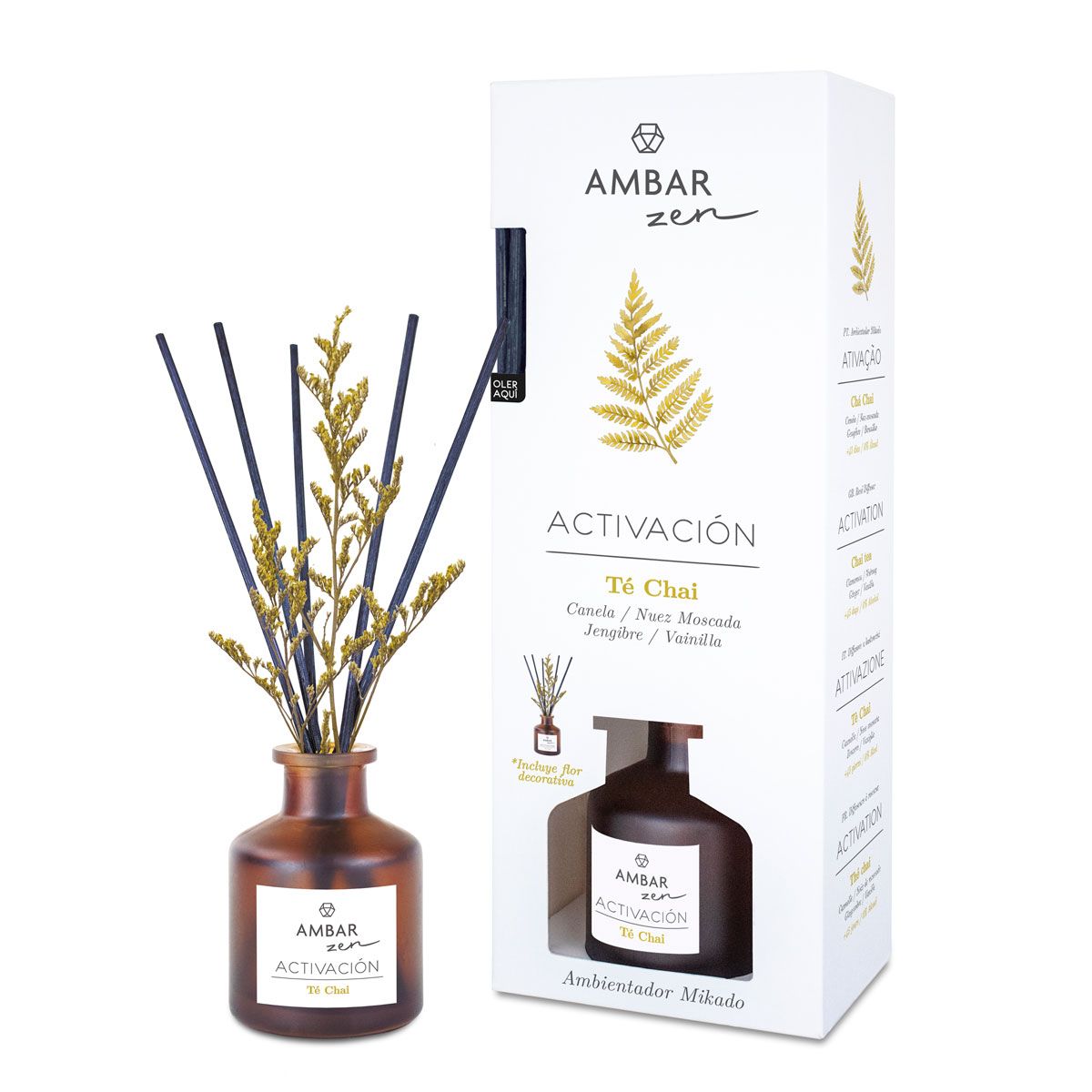 Pack 3 Mikado Té Chai Ambar Zen 40 ml - Canela, Nuez Moscada, Jengibre, Vainilla - Aromatizador de Ambiente