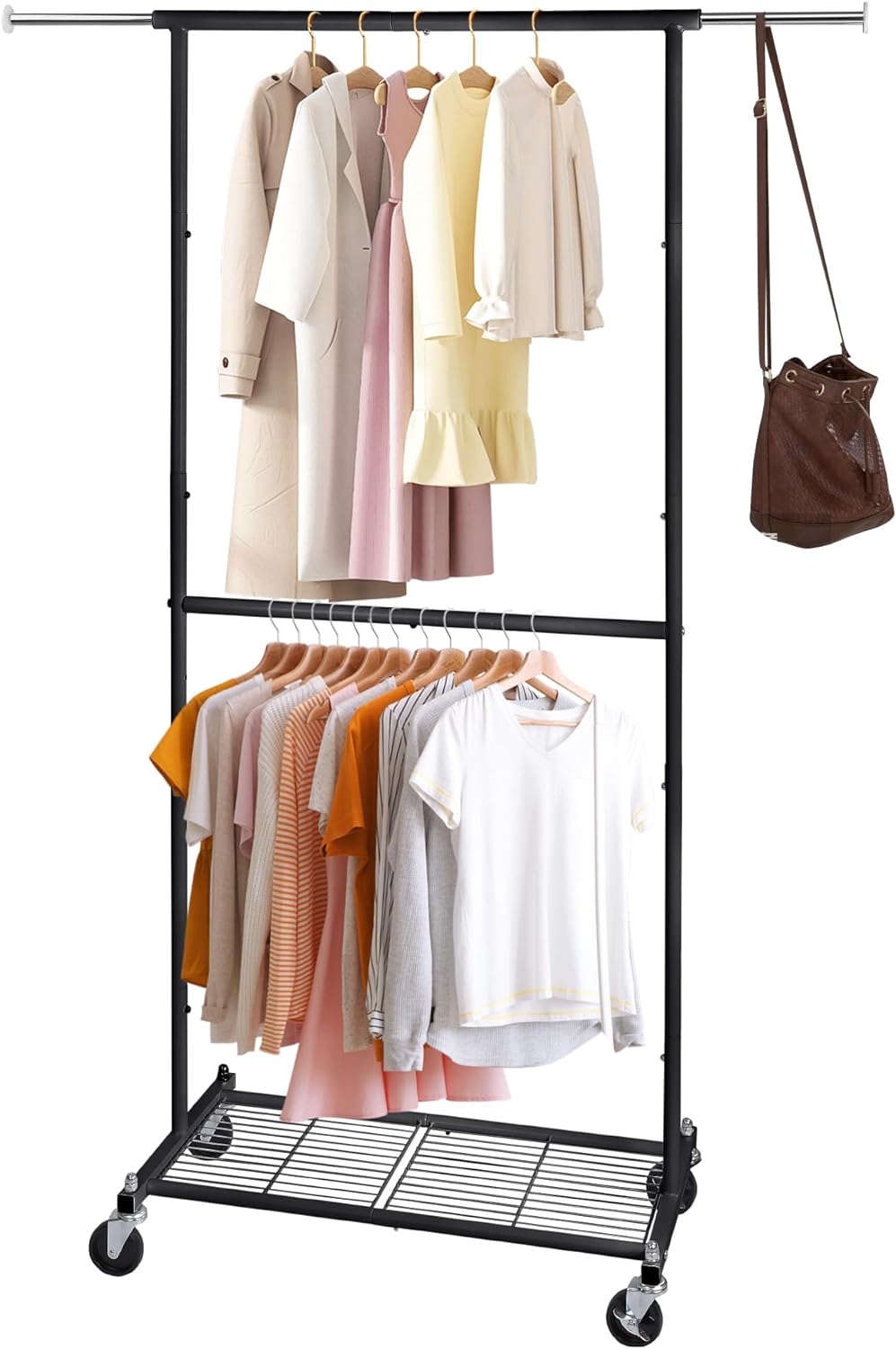 T-LoVendo Perchero Burro Extensible Ajustable con Ruedas con Barra y Estante Ropa Zapatos Bolsos Portátil