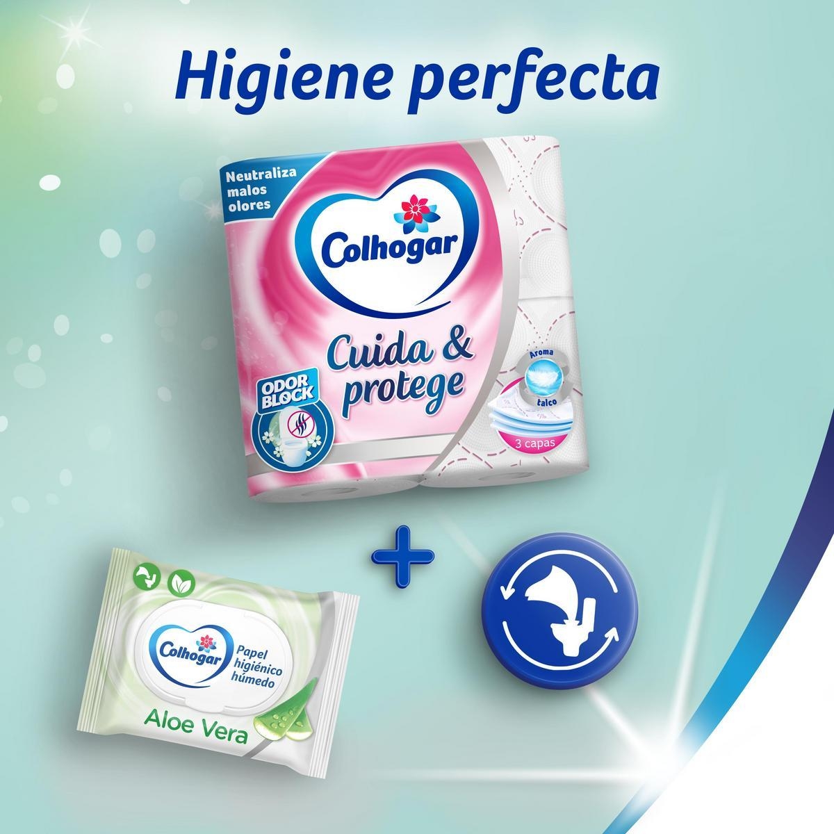Pack de 36 Rollos - Colhogar Protect Cuida&Protege Odor Block. Papel higiénico suave y resistente. 3 capas. Rollos color blanco y con una fragancia talco - 2x18