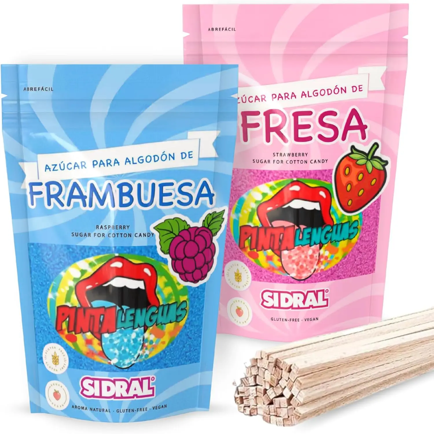 PINTALENGUAS Azucar para Máquina Algodón Pintalenguas (2 x 250 gr) + 25 Palitos para Degustación - 2 Sabores (Fresa y Frambuesa), Azúcar para Algodón de Azúcar - Ideal para Fiestas