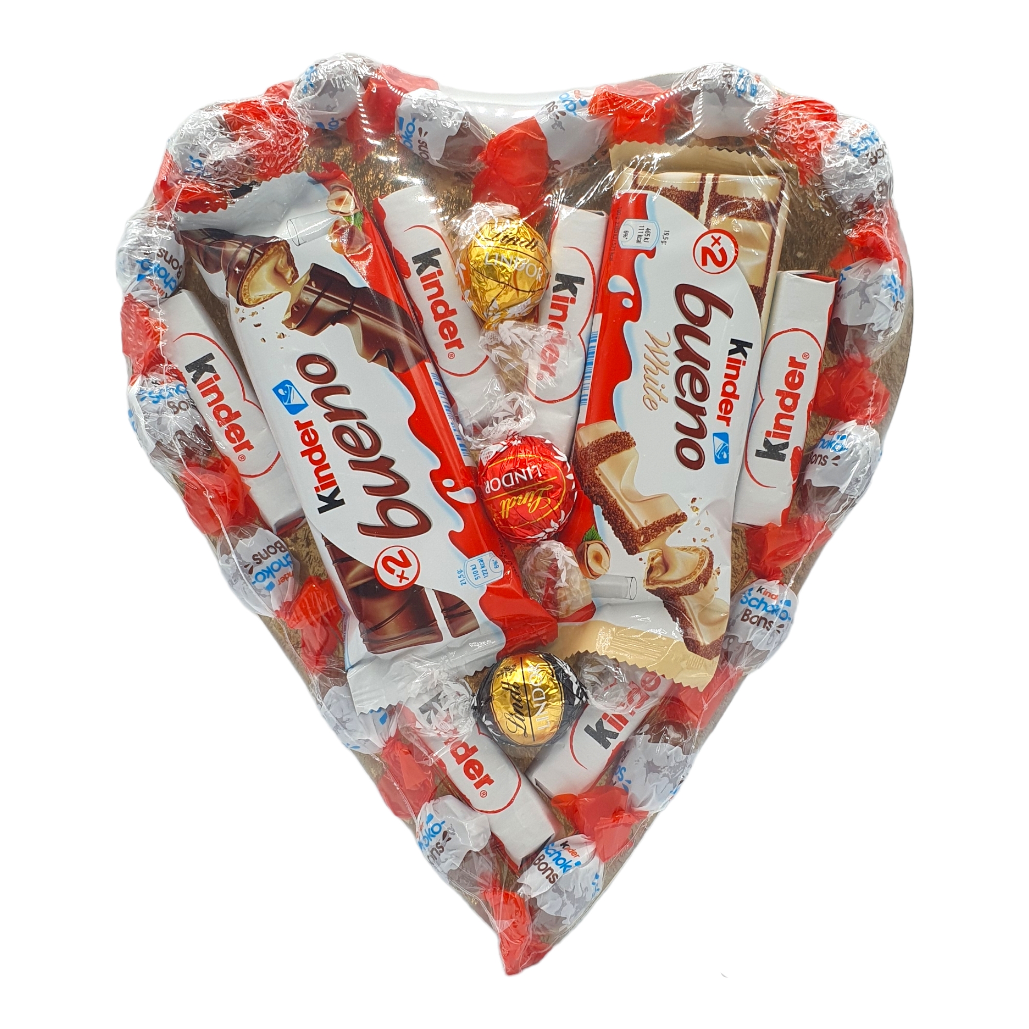 Corazon de Chocolate con Kinder Bueno, Kinder Shochobons, Kinder Chocolate y Bombones Lindt. Regalo Ideal para Parejas. [IAMI]