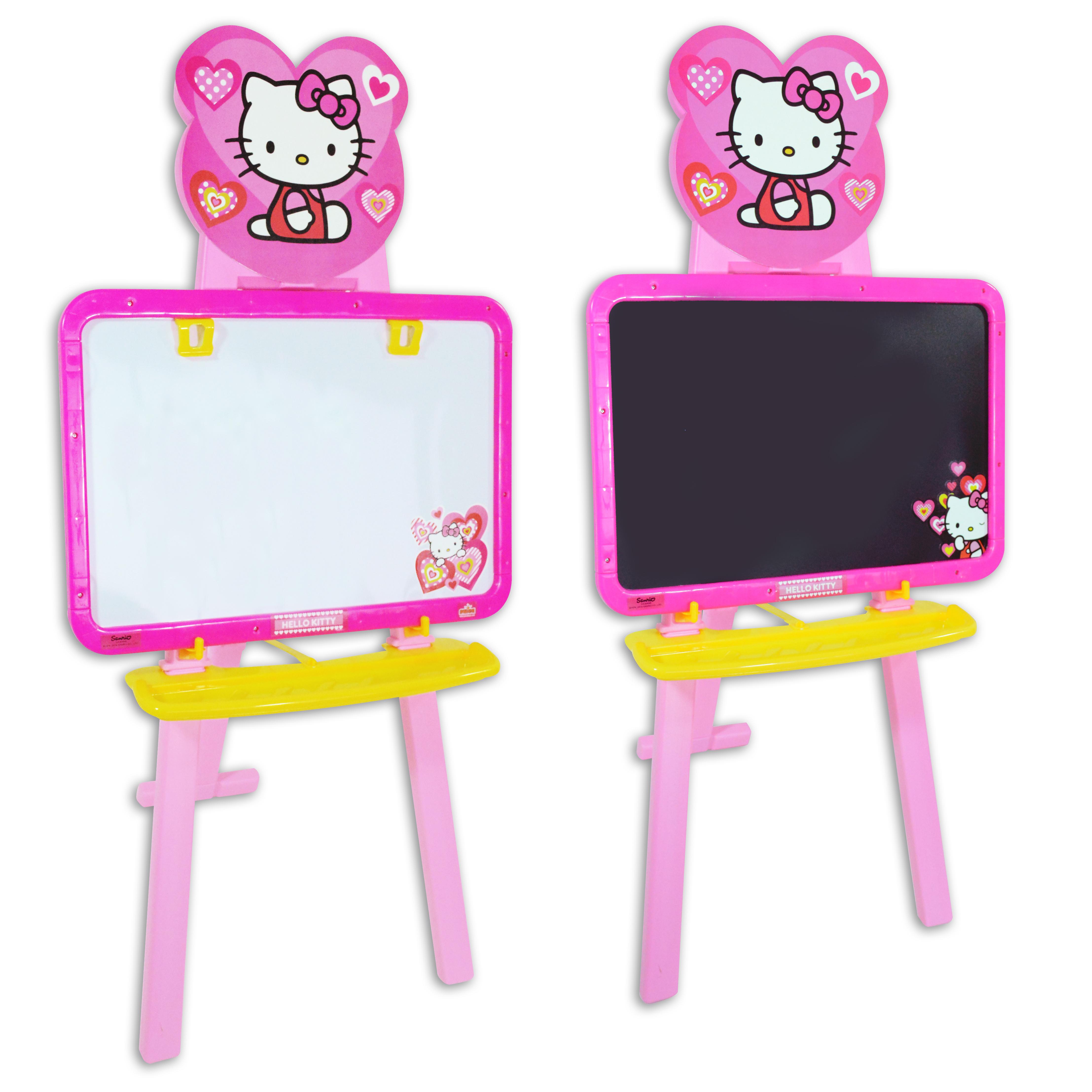 Pizarra infantil de 3 patas, de plástico, doble cara, con diseños exclusivos de  Hello Kitty, en color Rosa (9382-2690) Una cara para pintar con rotulador y la otra con tiza. Repisa para accesorios. De acuerdo a la normativa CE. +3 años