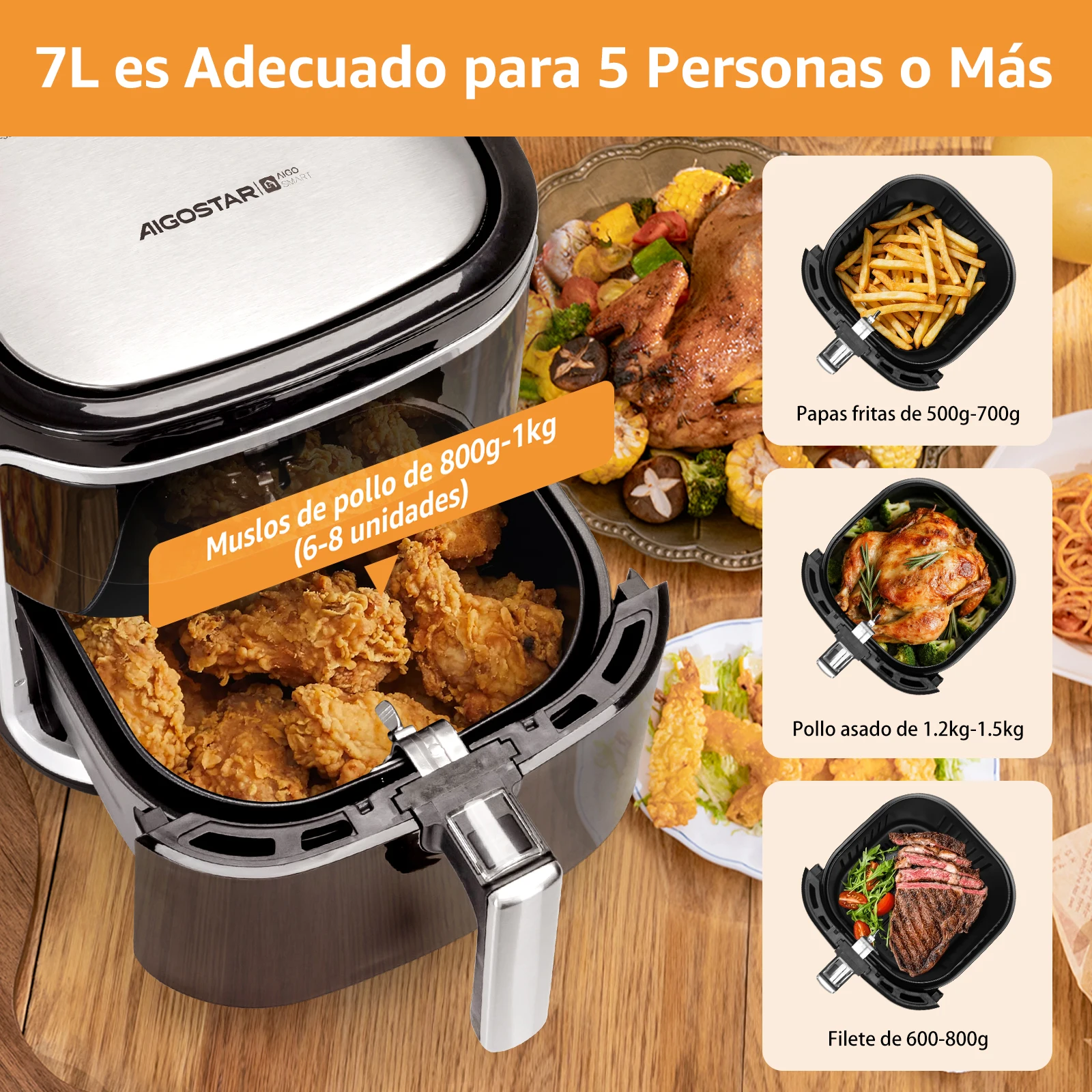 Friggitrice ad aria senza olio AIGOSTAR 7L,1900W, Smart. Connessione Wi-Fi. Touch screen LED, 7 funzioni preimpostate + modalità mantenimento caldo e manuale, senza BPA