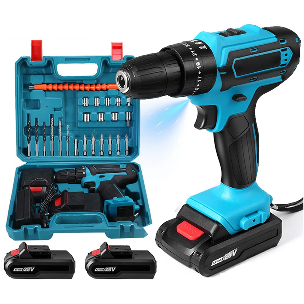 28V Cordless Impact Drill High Power Rechargeable Electric Screwdriver Electric Hammer Drill Power Tools With 2 batteries