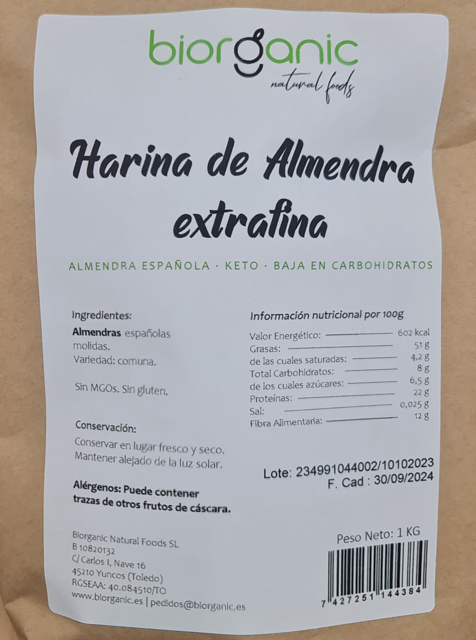 Harina de Almendra 1kg KETO, 100% natural – SIN GLUTEN – Biorganic - Origen España