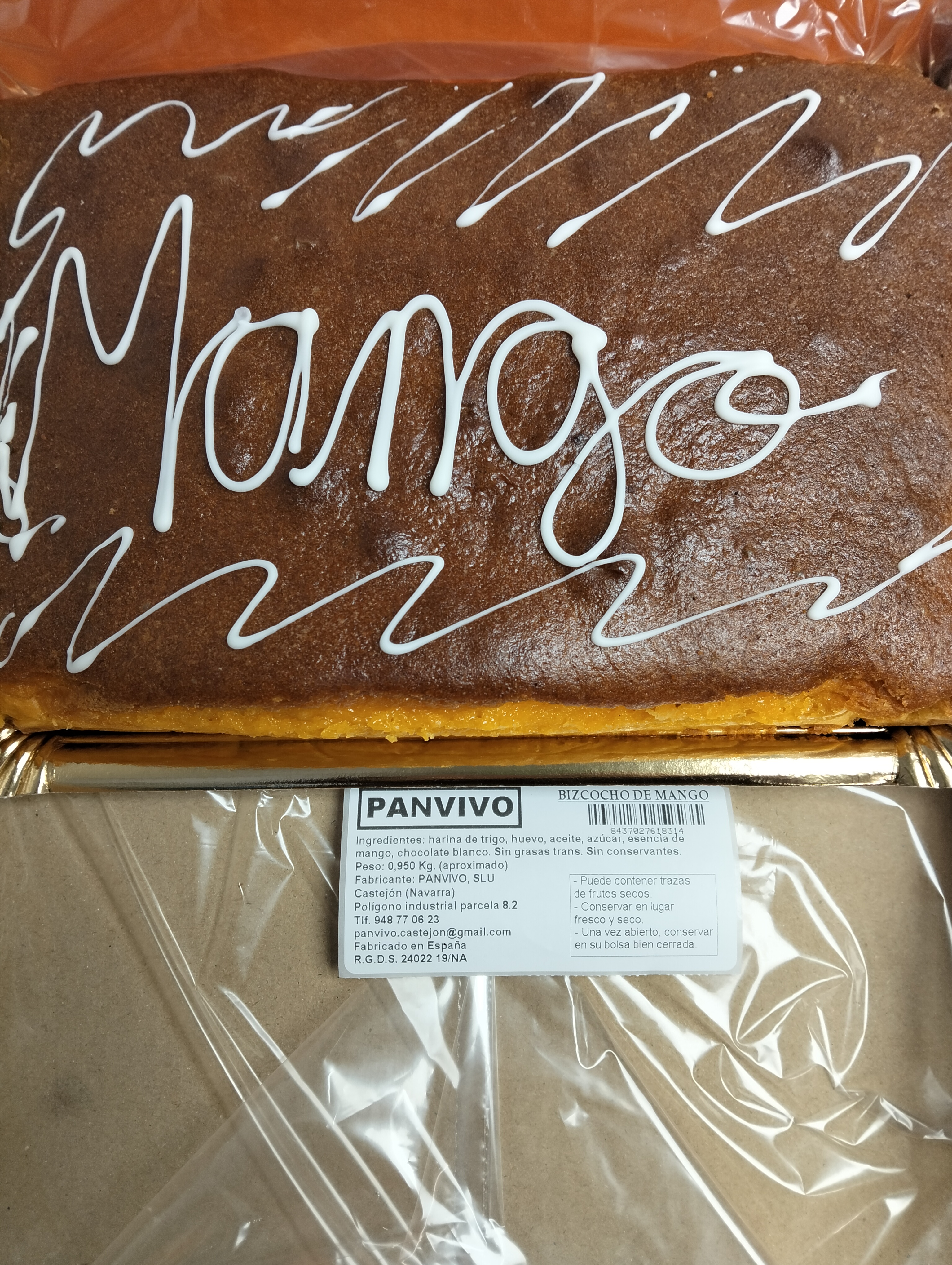 Panvivo. Pão de ló de manga. Aprox. 0,950kg. Acabado de fazer. Sín gorduras trans. Sín conservantes.