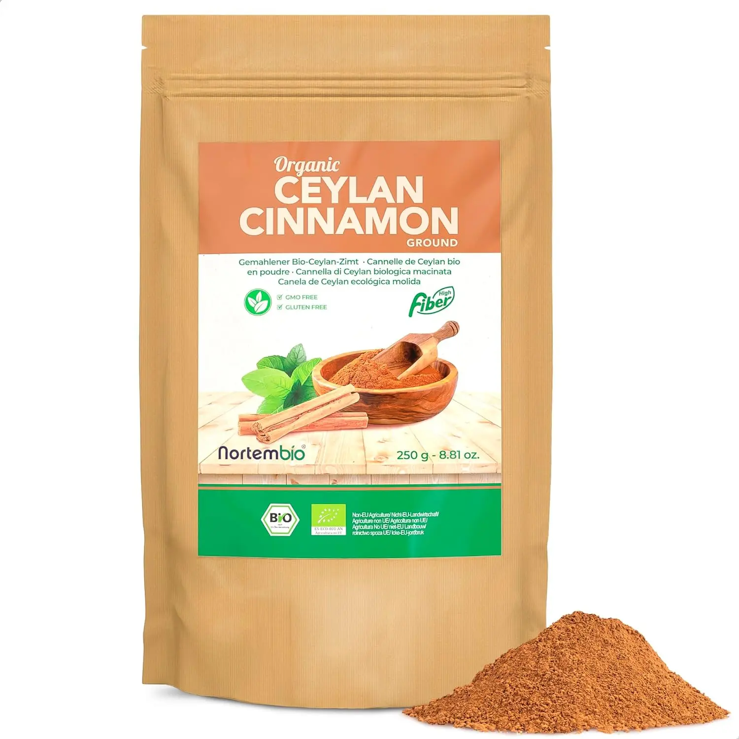 Nortembio Canela de Ceylan Ecológica en Polvo 250 g. Origen 100% Natural. Canela Molida sin Aditivos ni Conservantes, Vegana y sin Gluten. Canela de Ceilán para Repostería e Infusiones.
