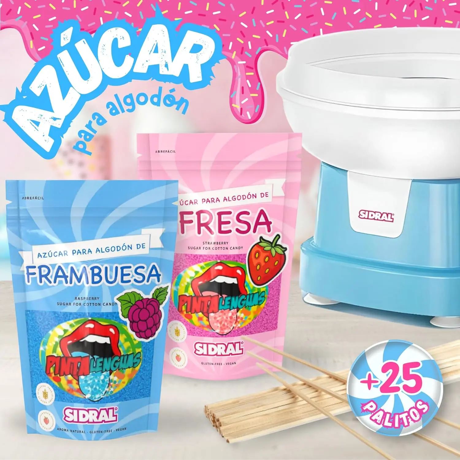 PINTALENGUAS Azucar para Máquina Algodón Pintalenguas (2 x 250 gr) + 25 Palitos para Degustación - 2 Sabores (Fresa y Frambuesa), Azúcar para Algodón de Azúcar - Ideal para Fiestas
