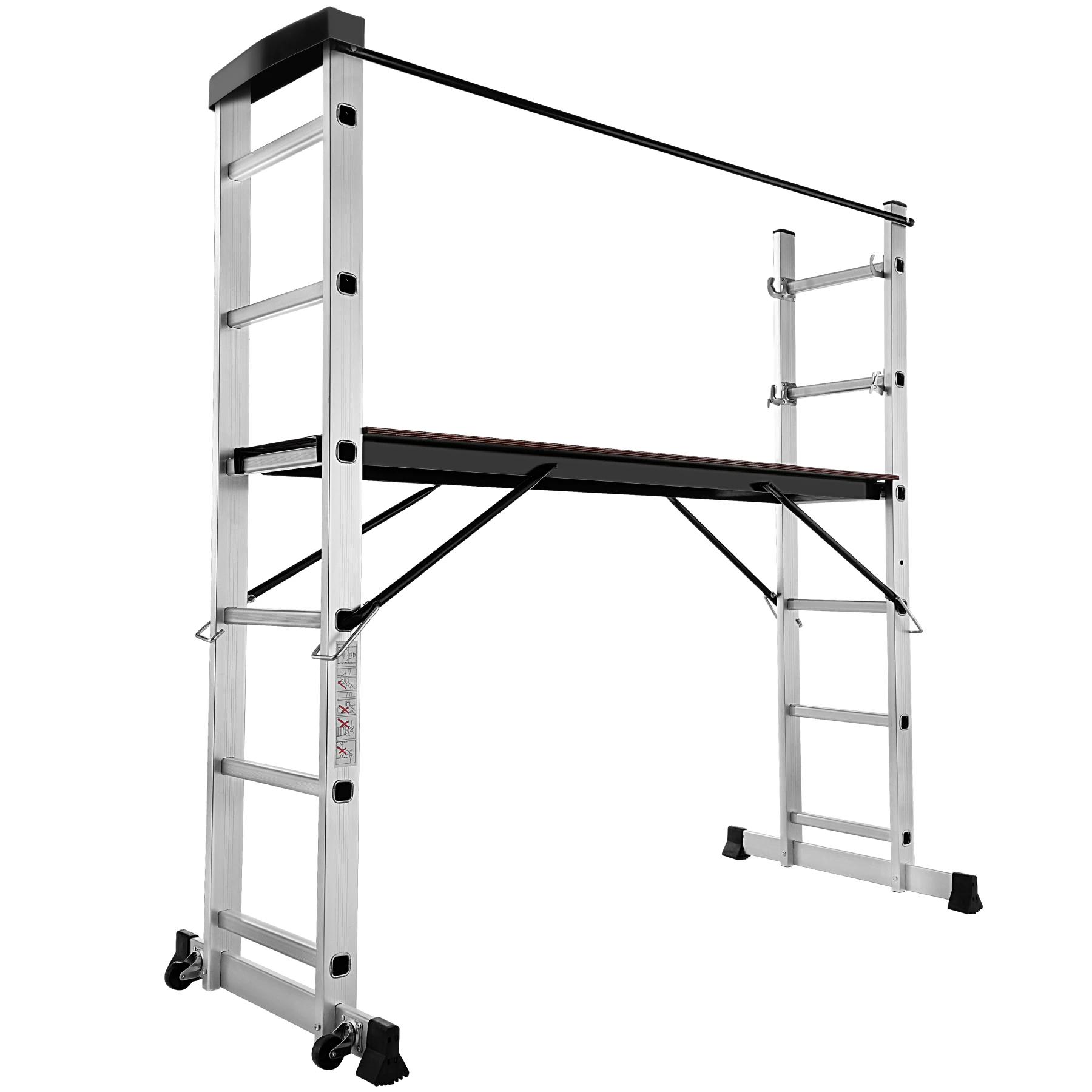 Tectake - Escalera de aluminio multiusos  Escalera 4 en 1: escalera simple, escalera de tijera, andamio simple y andamio para desniveles  Gran plataforma de trabajo, aprox. 147 x 40 cm  Con dos ruedas se cambia fácilmente la posición