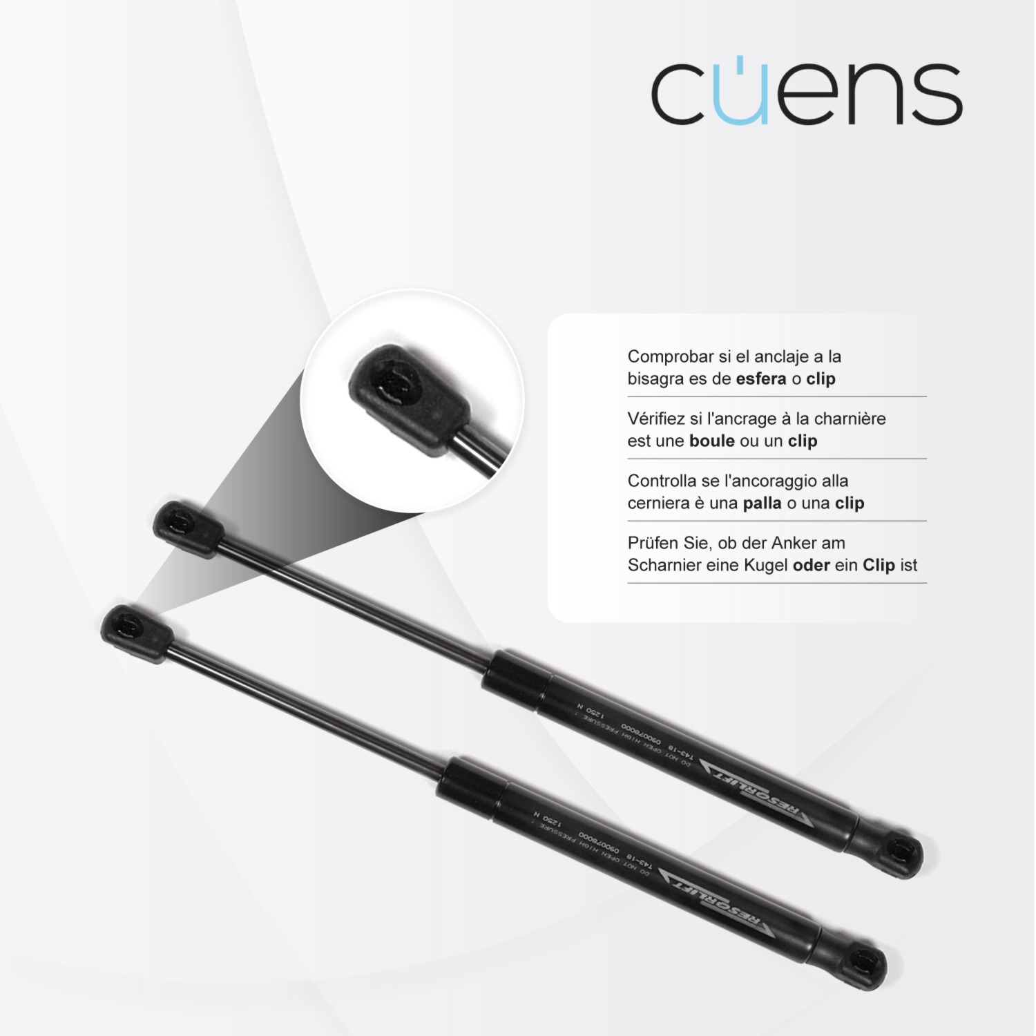 Juego de 2 amortiguadores o resortes de gas para canapé esfera-clip - Cuens