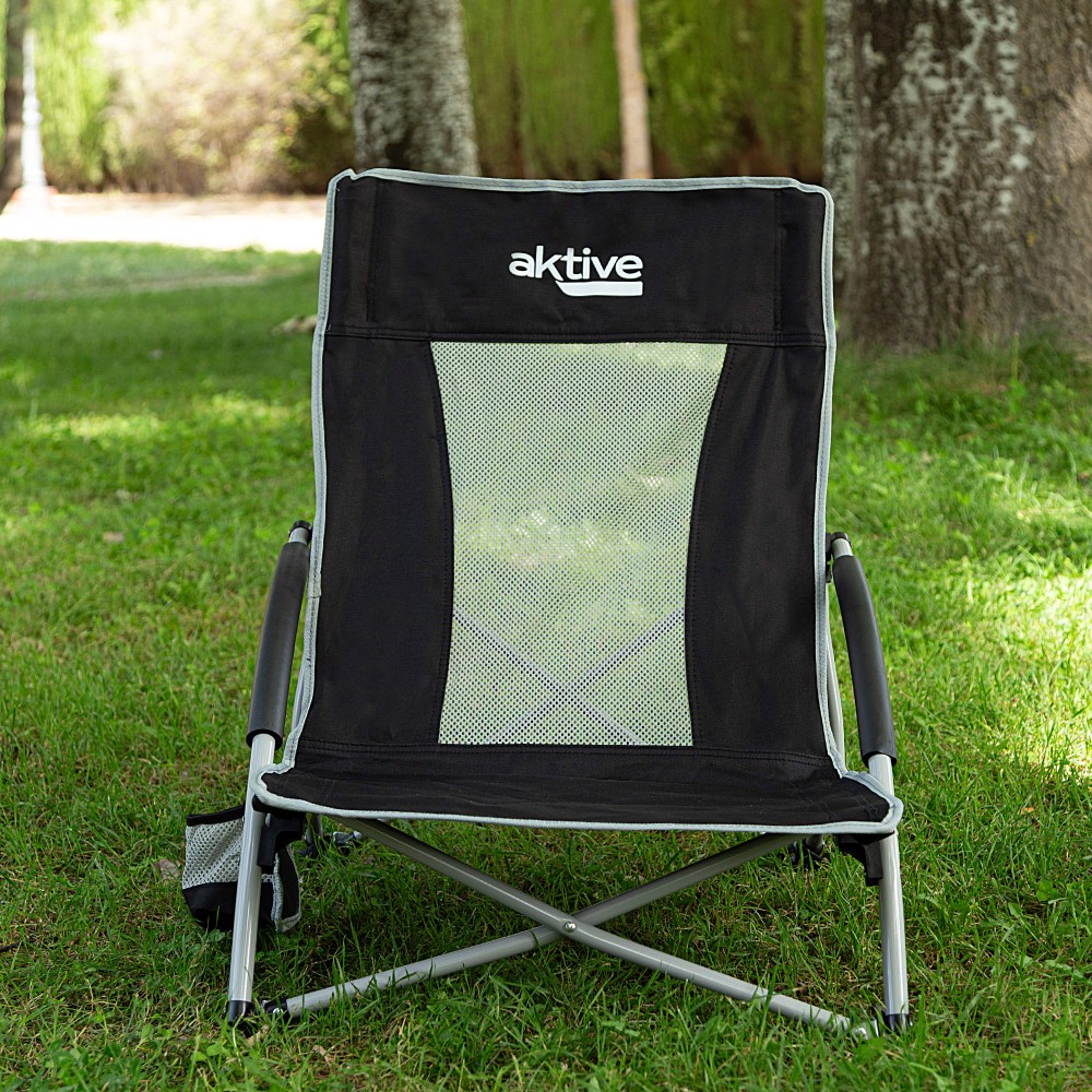 Pack 2 sillas plegables camping bajas y transpirables negras c/posavasos Aktive