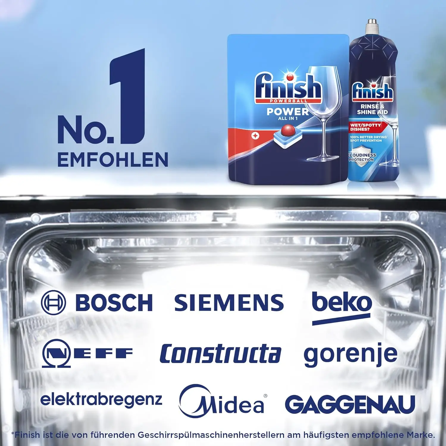 Finish Power All in 1 - Confezione da 5 confezioni da 25+25 (250) compresse o confezione da 2 confezioni da 25+25 (100) compresse per lavastoviglie senza fosfato, con Powerball per rimuovere le macchie di grasso più difficili.