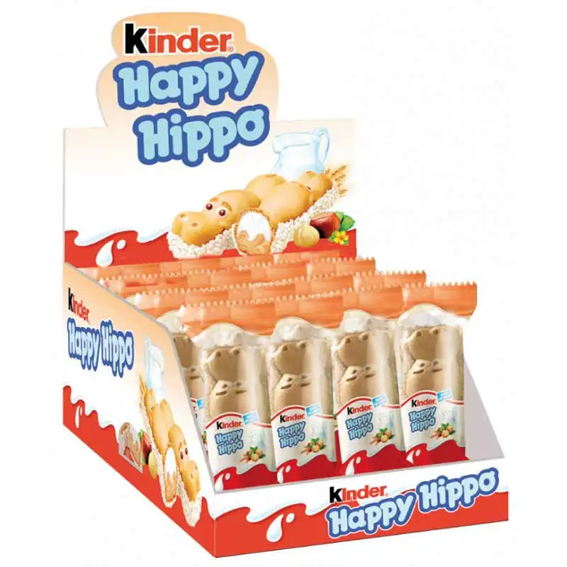 Kinder nacional España happy hippo avellana caja 28unidades sabor a barquillo y chocolate adaptados a gustos españoles