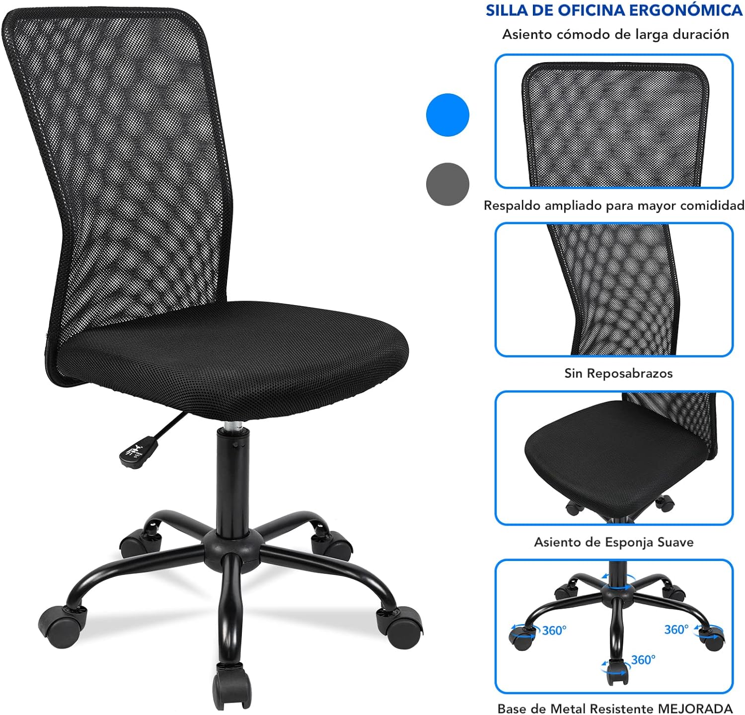 T-Lovendo Silla de Oficina Ergonómica Sin Reposabrazos Tela Transpirable