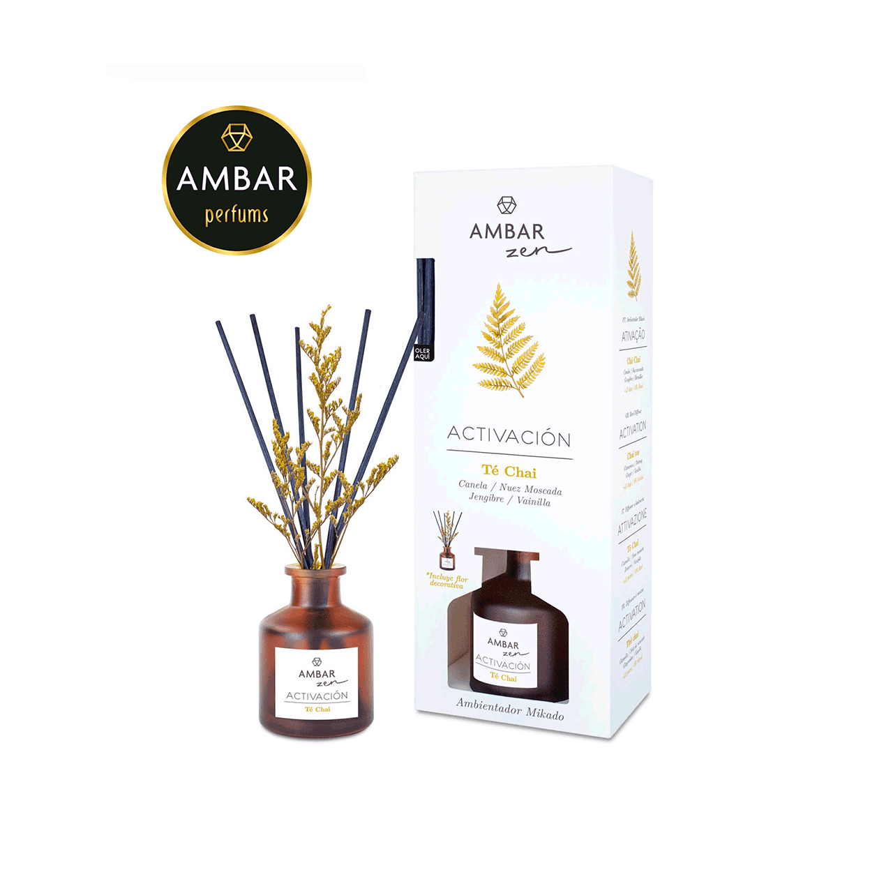 Pack 3 Mikado Té Chai Ambar Zen 40 ml - Canela, Nuez Moscada, Jengibre, Vainilla - Aromatizador de Ambiente