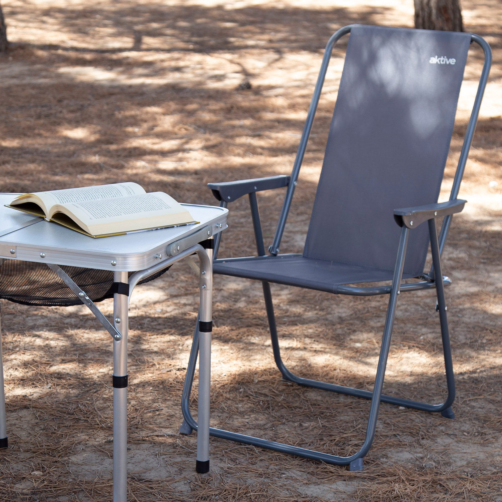 Sedia da campeggio pieghevole Aktive, colore grigio, 45x45x90 cm, incorpora fermazioni antirotolamento, supporta un peso massimo. 110 kg, struttura in acciaio, tessuto poliestere, braccioli in plastica, sedie da campeggio pieghevoli,