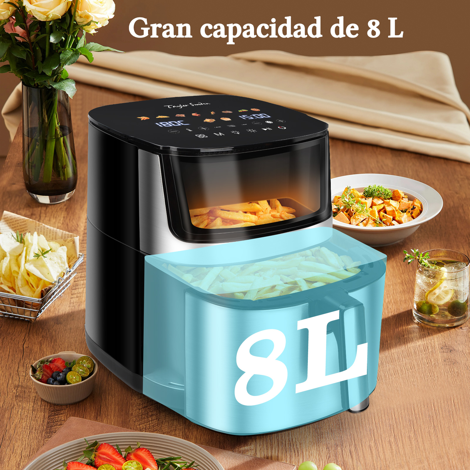 Taylor Swoden Freidora de Aire Electrónica - 8 L con Ventana de Visualización, Calentamiento De Doble Elemento, 10 Funciones Preestablecidas, 2000W.