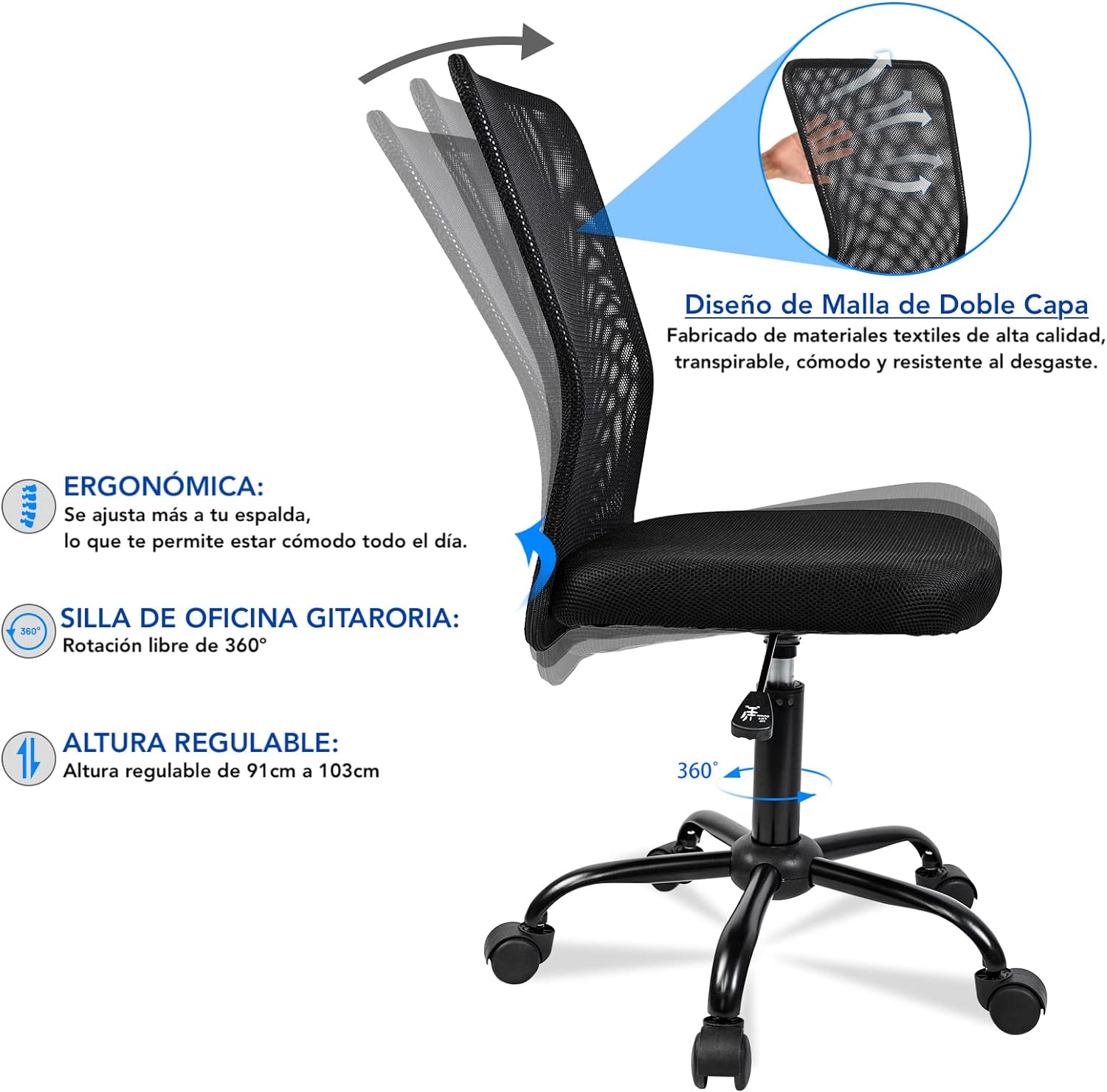 T-Lovendo Silla de Oficina Ergonómica Sin Reposabrazos Tela Transpirable