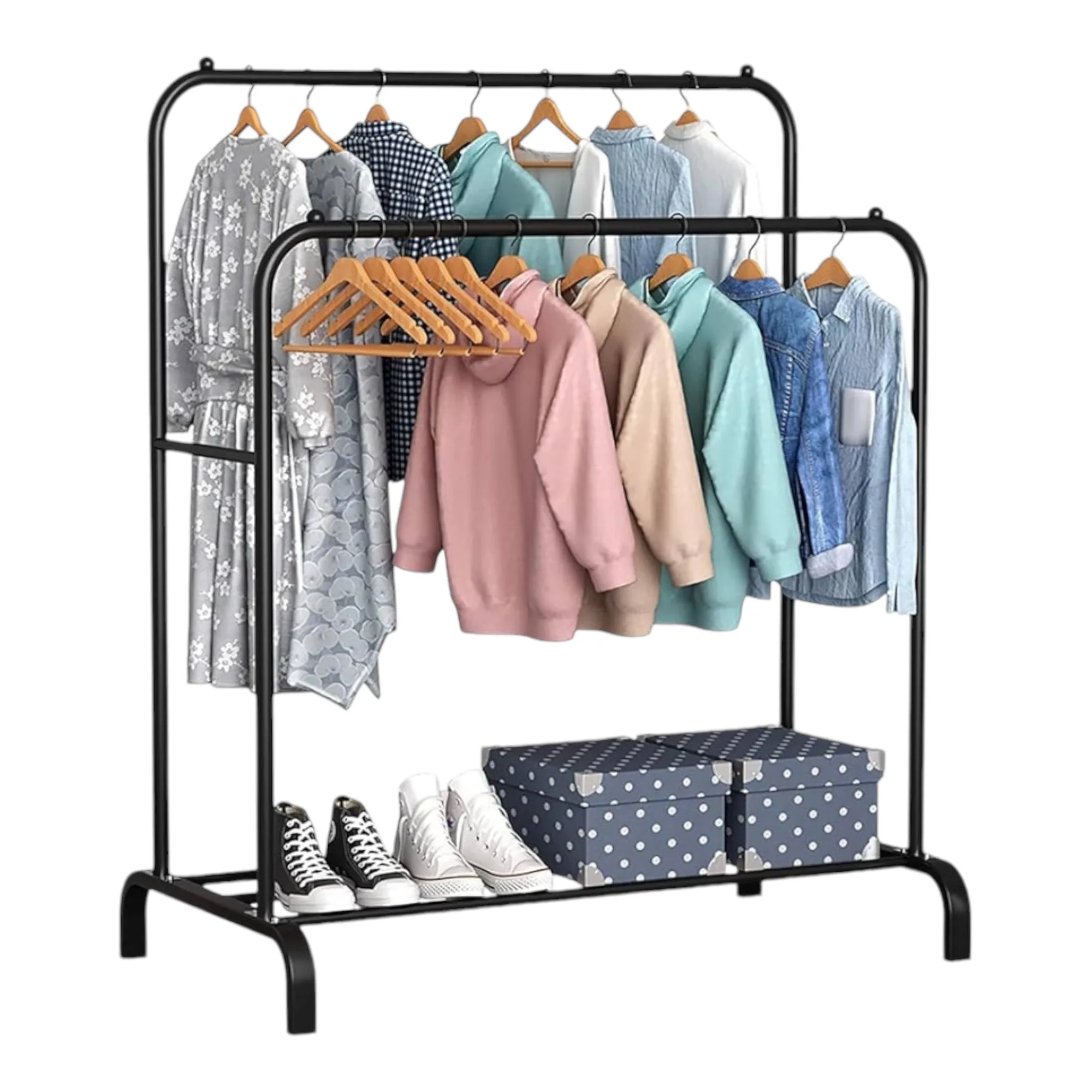 Cabide de prateleira metálico MiKoMiKa para vestuário resistente, cabide portátil em metal com calha dupla e prateleira de armazenamento de 2 camadas, cabide independente para quarto, contém 40 Kg... Cabide metálico de burro (ROPA-001 1790 D7)