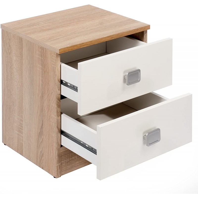 Mesita de noche modelo Champion de 2 cajones. Color estructura cambria con cajones blanco